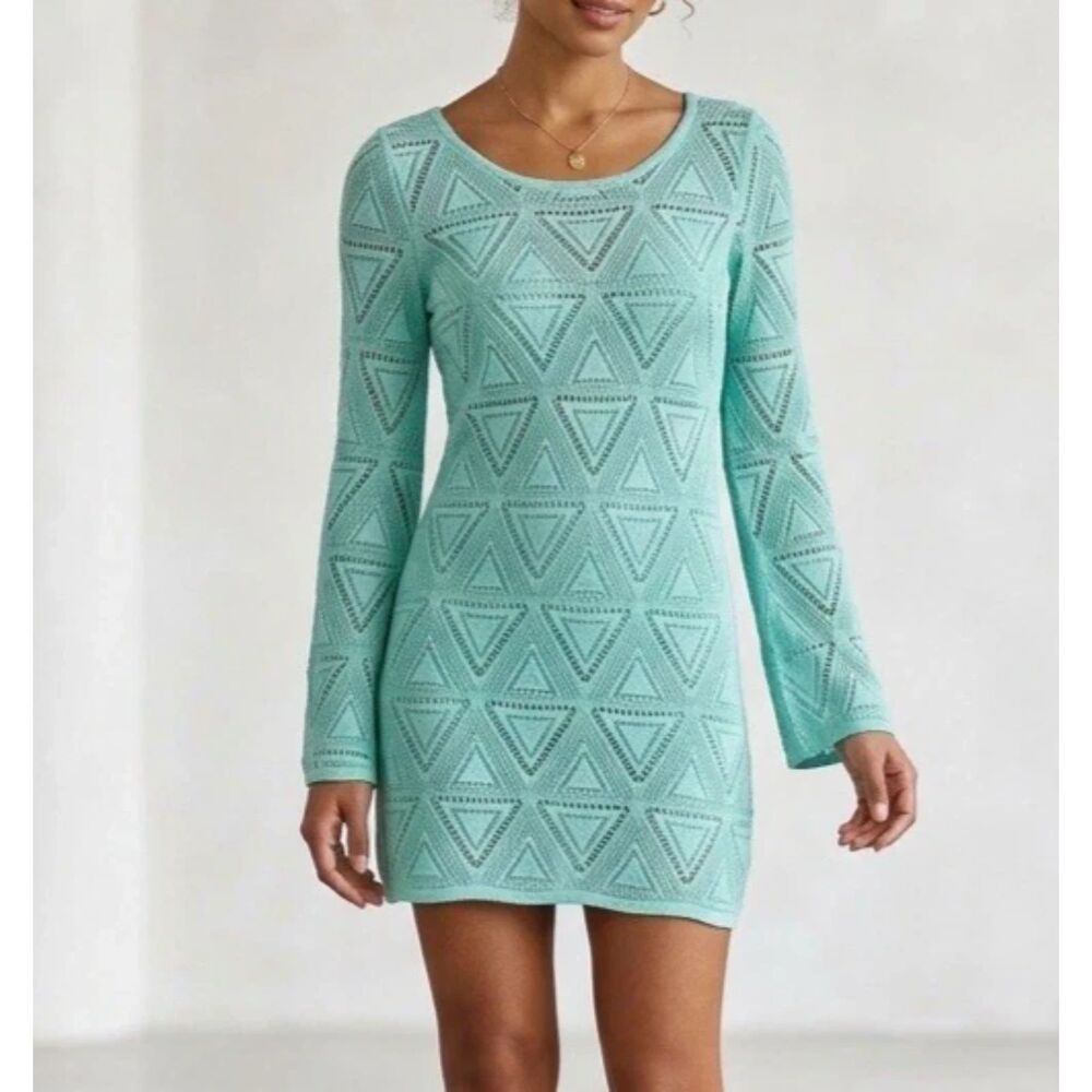 Lagaci Swim Cover Up Womens L Mint Green Lace Mesh Long Sleeve Beach Coastal
